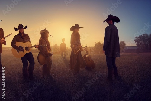 Country music festival live concert concept with acoustic guitar, cowboy hat and three pairs of boots. Generative AI photo