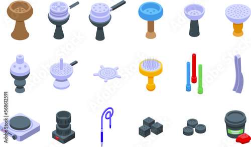 Hookah accessories icons set isometric vector. Smoke menu. Leaf fire