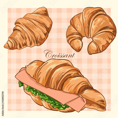 croissant cartoon Ham Sandwich Croissant style illustrato