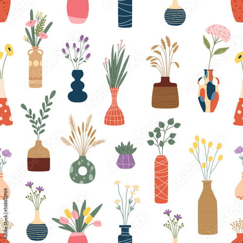 Interior flower vases vector seamless pattern
