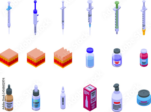 Botox icons set isometric vector. Filter skin. Woman health