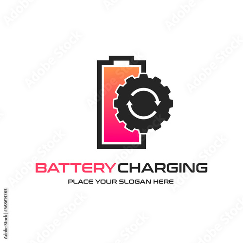 Battery charging vector logo template with gear symbol. This design suitable for factory and electronic.