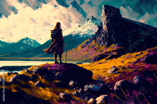 A highlander on the highlands  mountain landscape  ai art
