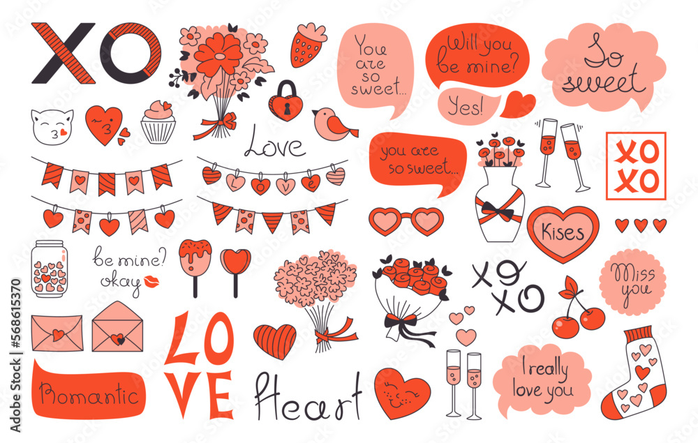 Valentines day love doodle objects set. Romantic design elements for invitation postcard, celebration greeting gift template. Valentine label print, sticker, speech bubble vintage cute art collection