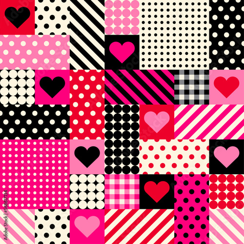 Geometric heart, dot, stripe and plaid with square seamless pattern design for valentine’s day.