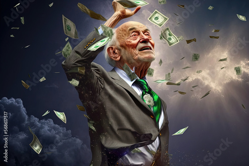 Old man millionaire under raining money. Illustration epic money moment. . Generative AI. photo