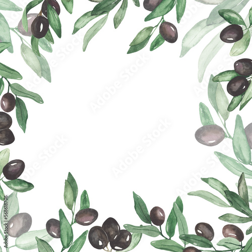 Watercolor square frame with olives  fruits and leaves for wedding  cards  invitations