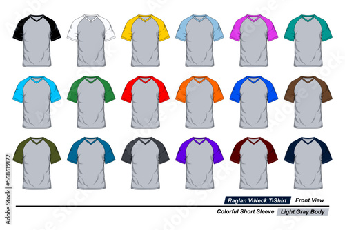 Raglan v-neck t-shirt  front view  colorful short sleeve  light gray body