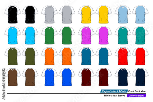 Raglan v-neck t-shirt  front and back view  white short sleeve  colorful body