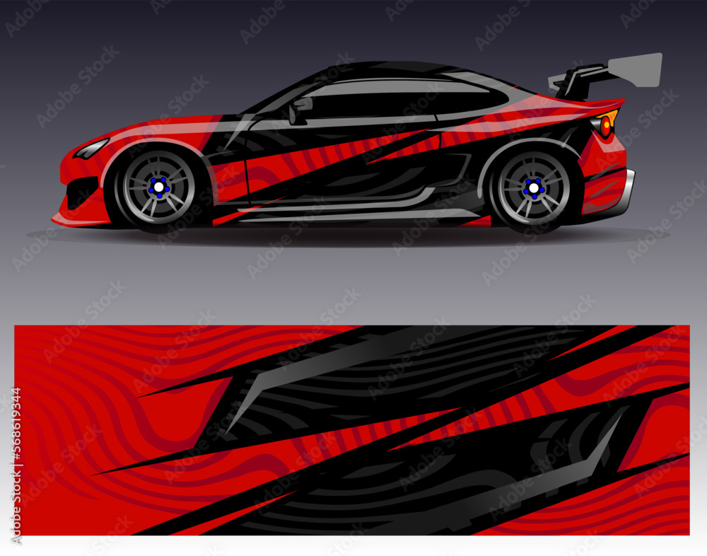 Naklejka premium Car wrap design vector. Graphic abstract stripe racing background kit designs for wrap vehicle race car rally adventure and livery