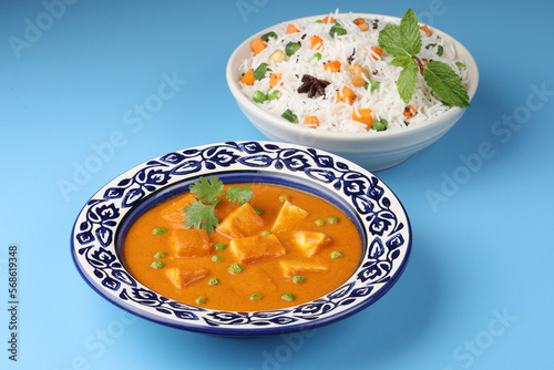 Paneer Butter Masala Curry, Paneer or Cottage Cheese. This is a rich creamy curry made with paneer, spices, onions, tomatoes, cashews and butter served with vegetable pulao