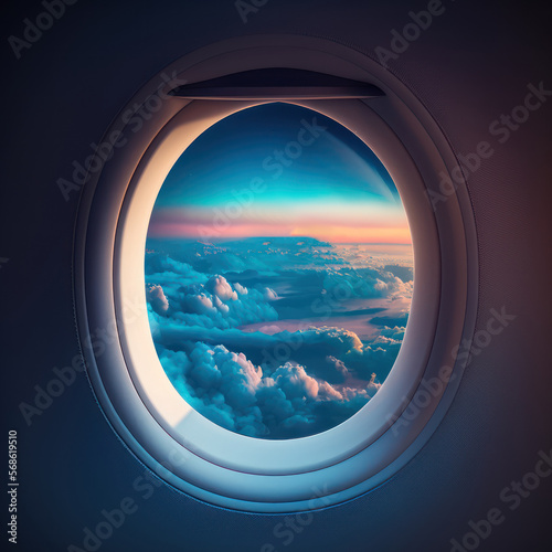 Amazing sky view from airplane window graphic illustration background. Generative ai.