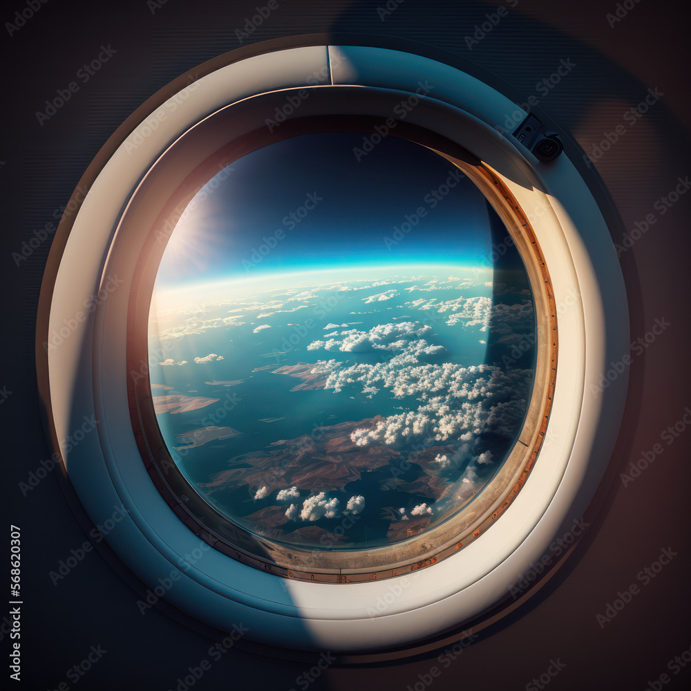 Fototapeta premium Amazing sky view from airplane window graphic illustration background. Generative ai.