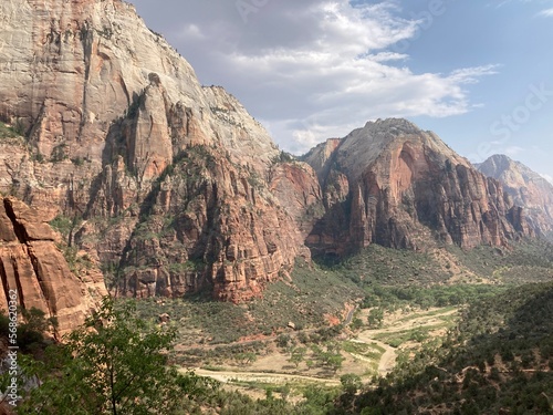 Panoramic view of the Zion Canyon with the river at the bottom
