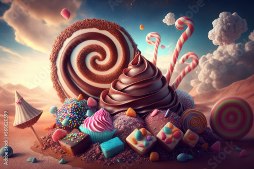 Sweet food candy dessert colorful background graphic illustration. Generative ai. 
