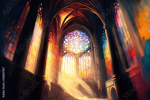 cathedral interior with colorful stained glass windows and beautiful natural light. Generative AI
