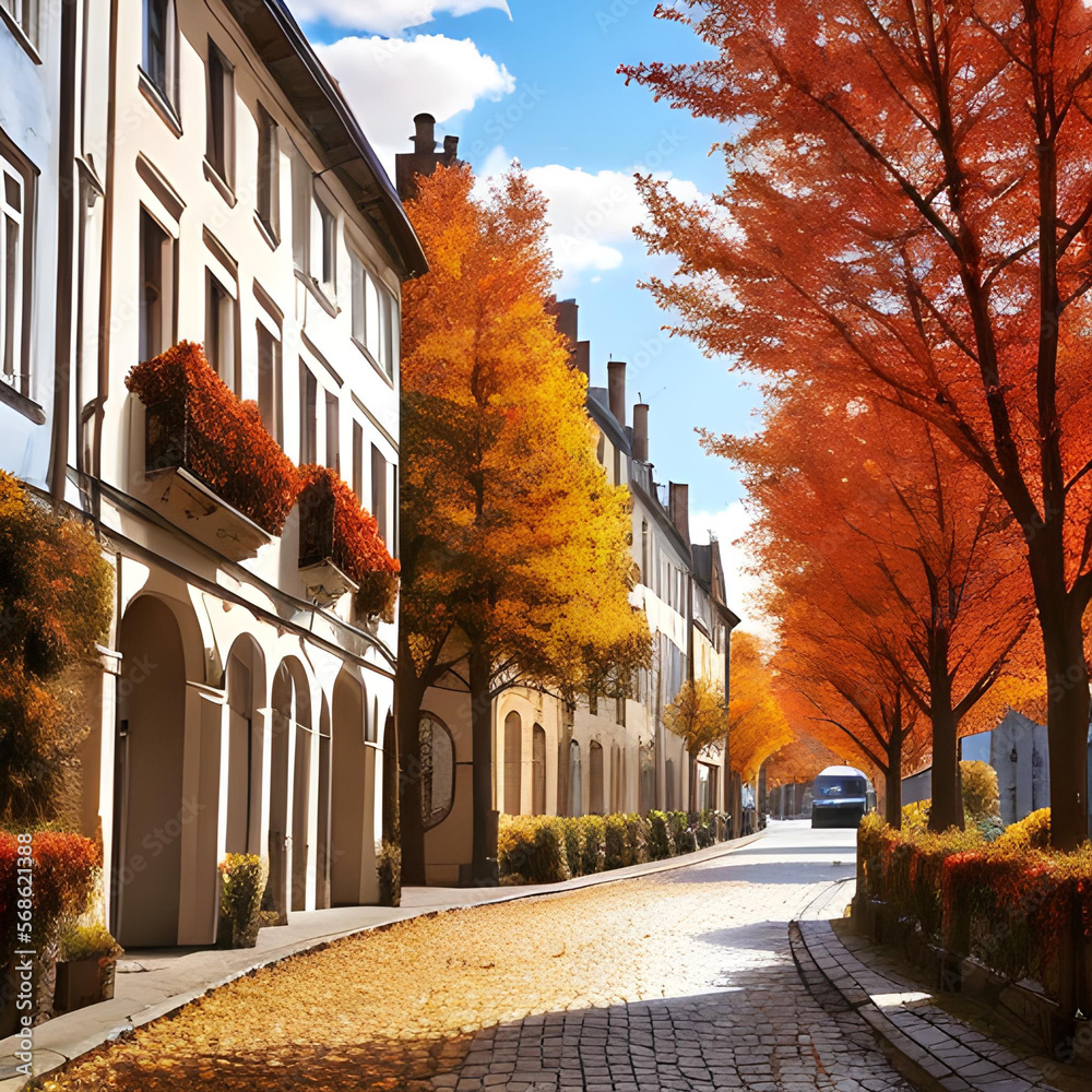 An AI generated image of autumn in the street of a modern town