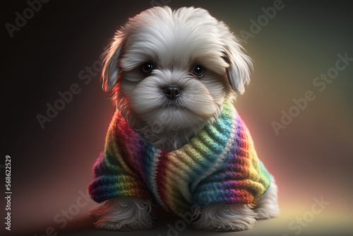 Shih Tzu dog or Chrysanthemum in rainbow colored sweater. Realistic portrait of a cute puppy. © Anna