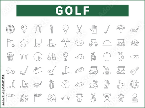 Simple Set of golf Related Vector Line Icons.
Vector collection of sport, ball, field, stick, glove, cart, umbrella, flag and design elements symbols or logo element.