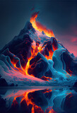 Snowy mountains flowing with lava after a volcanic eruption.