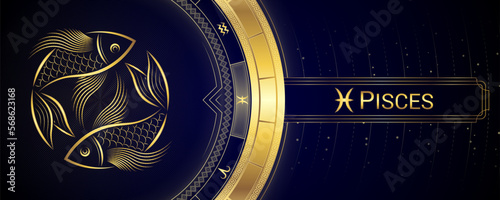 Two-Fish Pisces Zodiac Star Sign, Symbol Background, Horoscope Astrology and Fortune-Telling, Backdrop Banner Tarot-Reading.