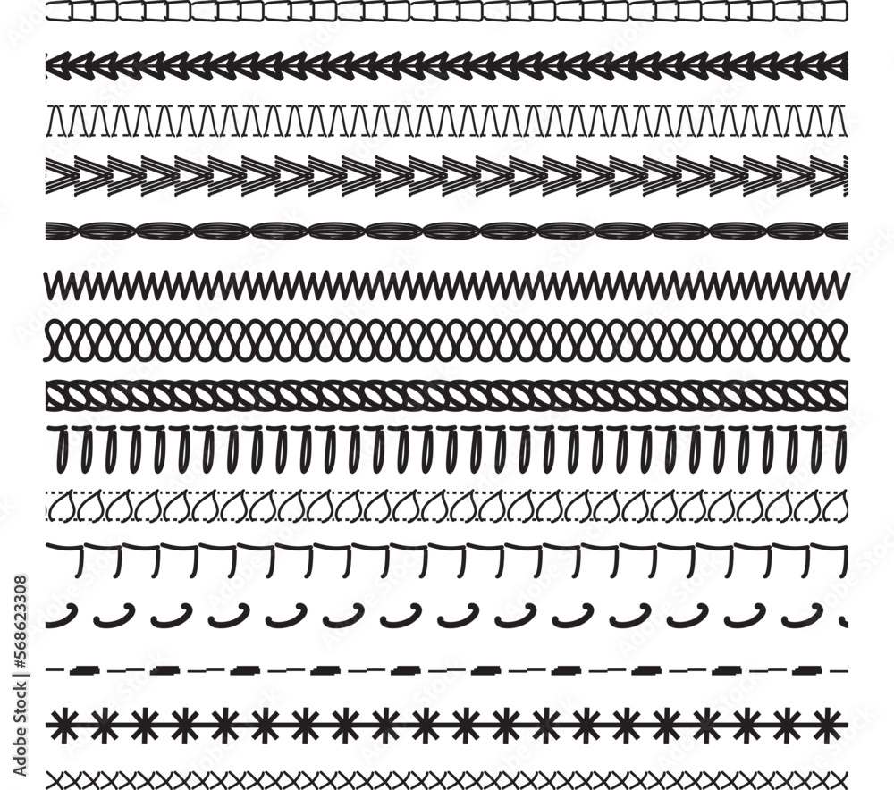 Collection of Embroidery Sewing stitches sew seamless brush strokes vector