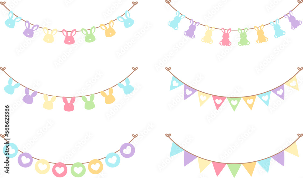 Easter colorful pastel rabbit head and pennants bunting clipart set