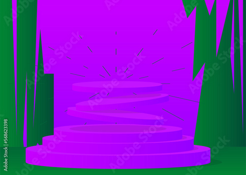 Purple and Green Mockup product display. Abstract cylinder pedestal podium  vector 3D room. Futuristic Sci-fi Stage showcase for presentation.