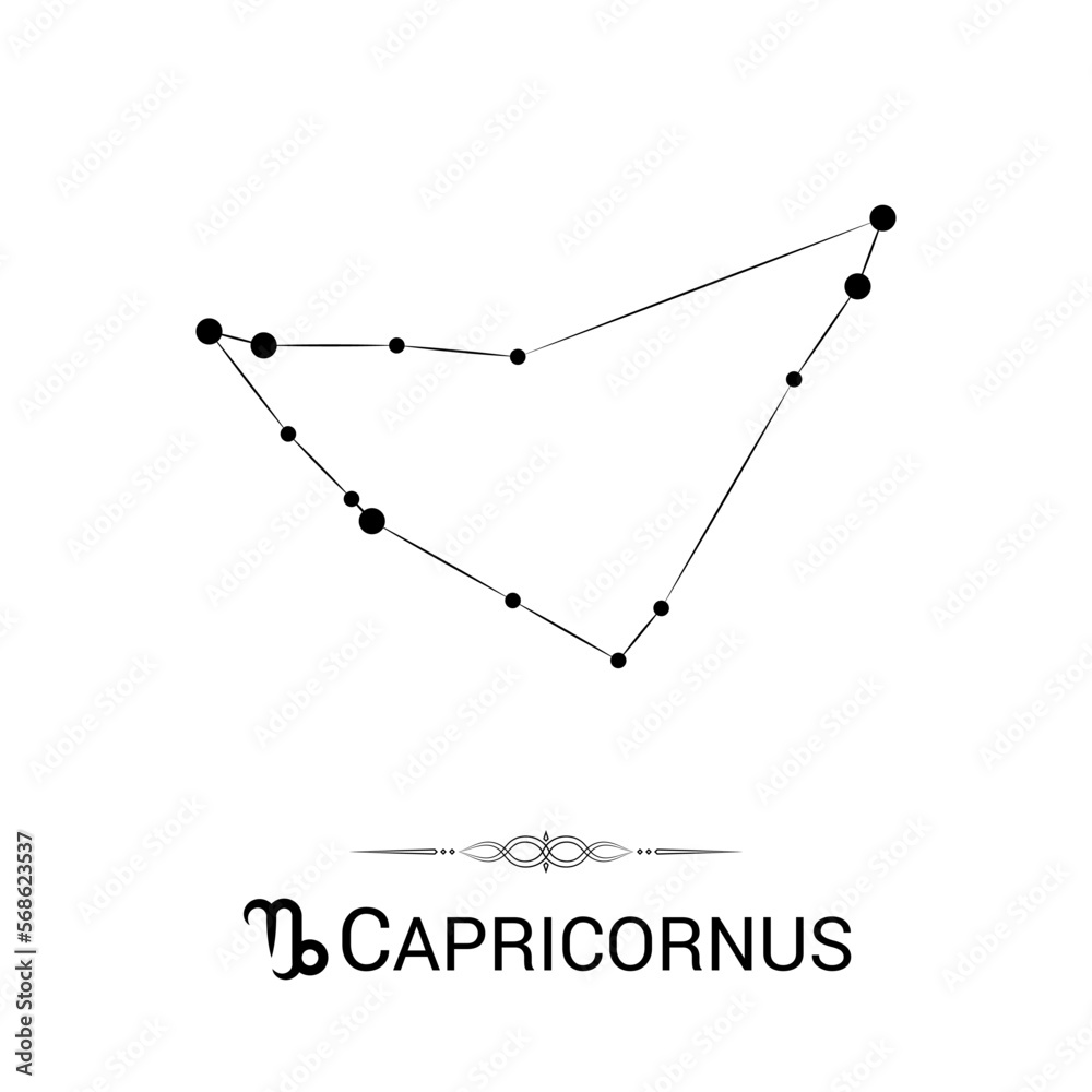 Capricornus Zodiac Symbol Stars Stellar Constellation Black-White Silhouette Isolated on White Background Capricornus Zodiac Symbol Stars Stellar Constellation Black-White Silhouette Isolated on White Background