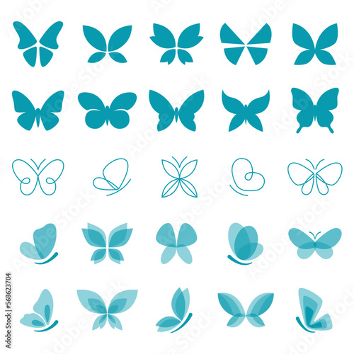 Butterflies flat icons set. Abstract hand drawn and contemporary line art insect design elements