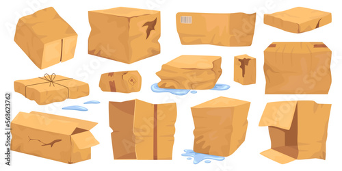 Damaged cardboard boxes flat icons set. Broken container for packaging products. Recycling material