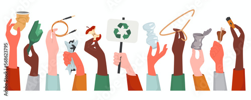 Hands holding different kind of trash flat icons set. Rubbish recycling. Steel, plastic and glass bottle. Litter sorting