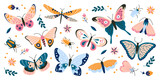 Butterflies with abstract floral pattern flat icons set. Colorful insects with flowers decor on wings. Summer decorative