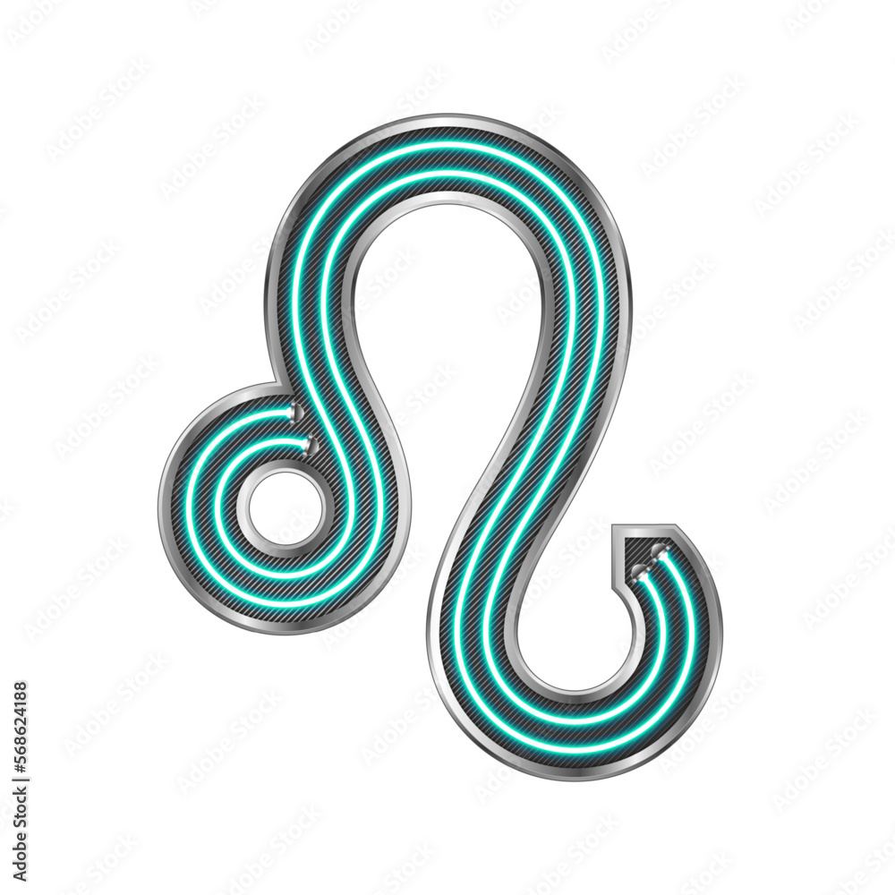 Leo Zodiac Symbol Neon Light Glow Silver Metallic Letter Glyph Alphabet Horoscope, Astrology Icon Isolated on White Background. Leo Zodiac Symbol Neon Light Glow Silver Metallic Letter Glyph Alphabet Horoscope, Astrology Icon Isolated on White Background.
