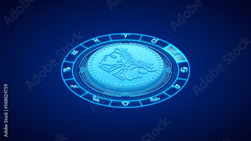 Twins Gemini Zodiac Symbol, Wheel of Twelve-Sign, Neon Glow Isometric Bas-Relief Sculpture, Horoscope and Astrology Element for Fortune-Telling, Lattice Grid Backdrop Background.