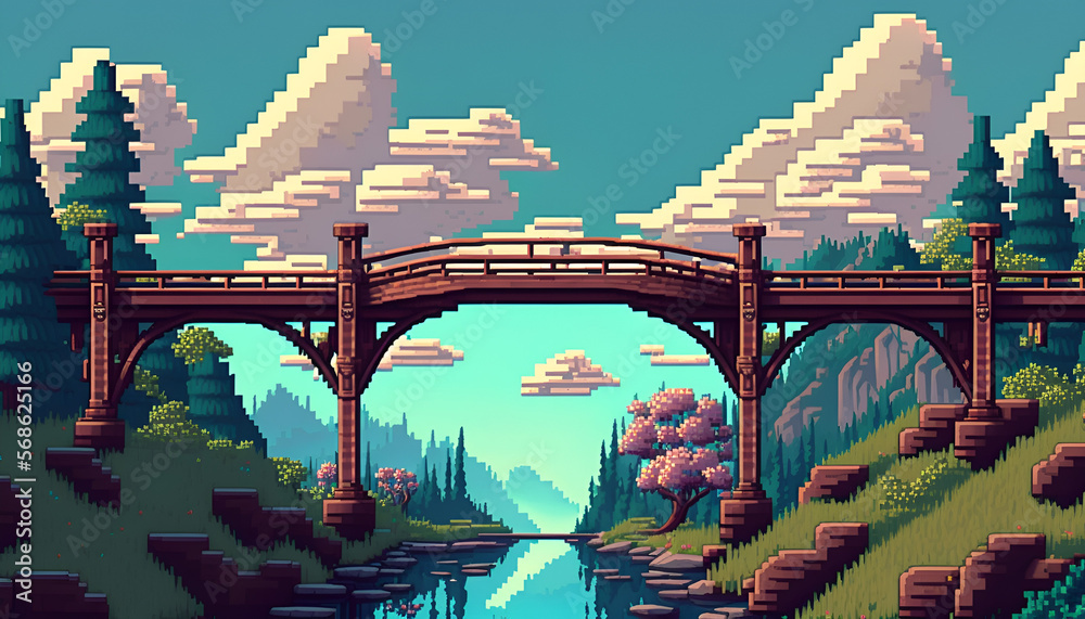 beautiful view of the high bridge, pixel art style. generative ai 素材庫插圖