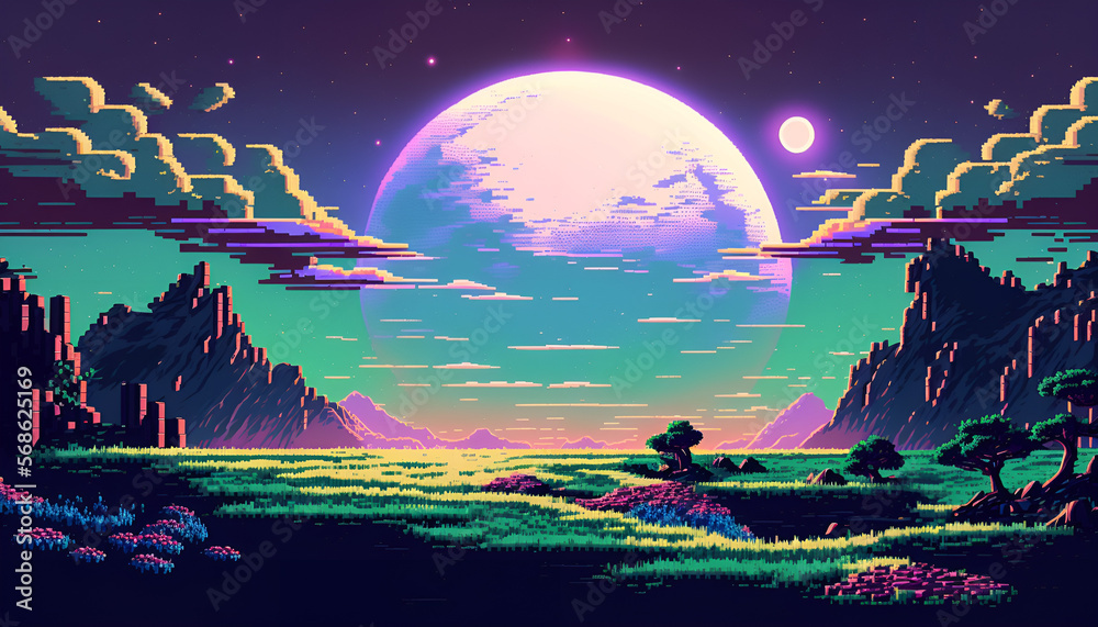 beautiful view of the blue moon landscape, pixel art style. generative