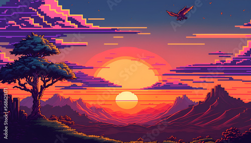 beautiful sunset view from the mountains landscape, pixel art style. generative ai