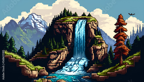Beautiful mountain waterfall landscape, pixel art style. generative ai