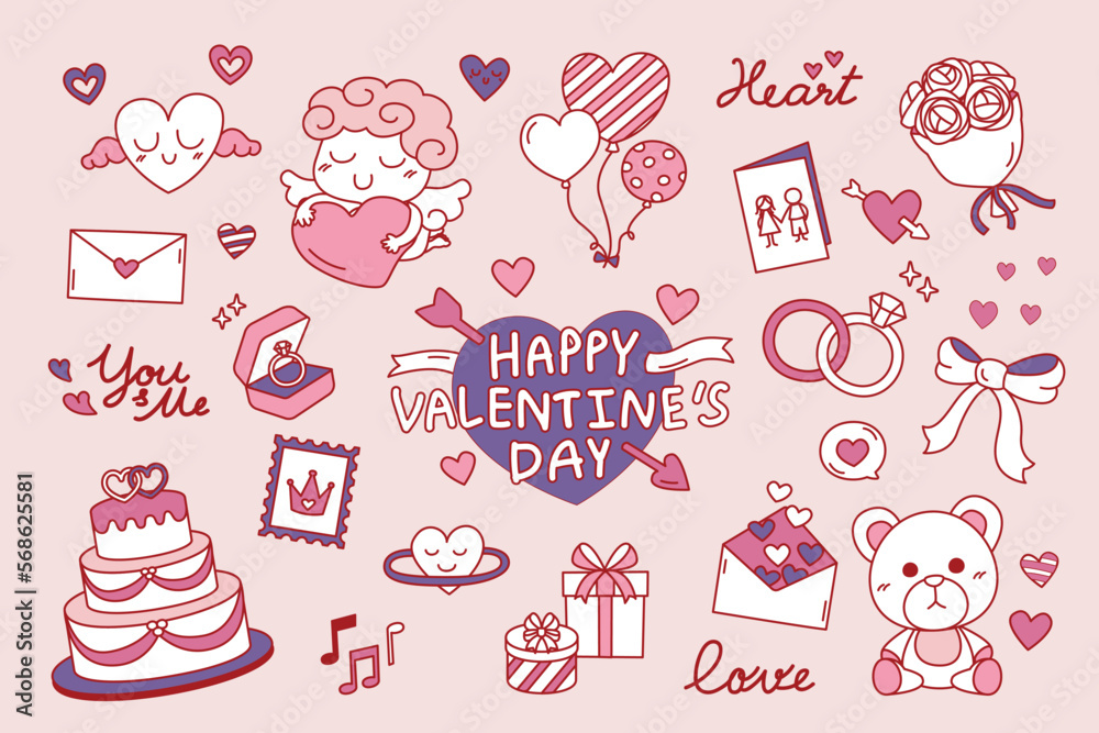 Happy Valentine's Day with hand drawing styles. Color Doodle of Valentine's Day. Happy Valentine's Day with hand drawing styles. Color Doodle of Valentine's Day.