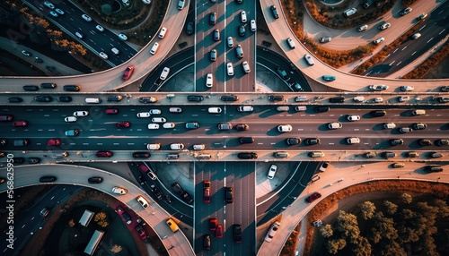 Aerial Panoramic View Of A Major Highway During Rush Hour Traffic : Stunning Drone Footage Showcasing Overhead Bird's Eye Perspective (Generative AI) photo