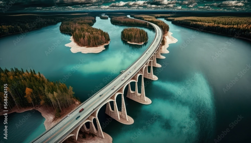 Aerial Panoramic View Of Bridges And Dams : Stunning Drone Footage Showcasing Overhead Bird's Eye Perspective (Generative AI)