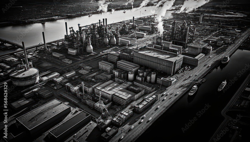 Fototapeta premium Aerial Panoramic View Of Industrial Areas And Factories : Stunning Drone Footage Showcasing Overhead Bird's Eye Perspective (Generative AI)