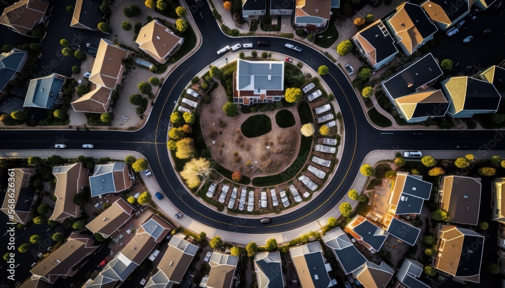 Aerial Panoramic View Of Suburban Neighborhoods And Housing Developments : Stunning Drone Footage Showcasing Overhead Bird's Eye Perspective (Generative AI)