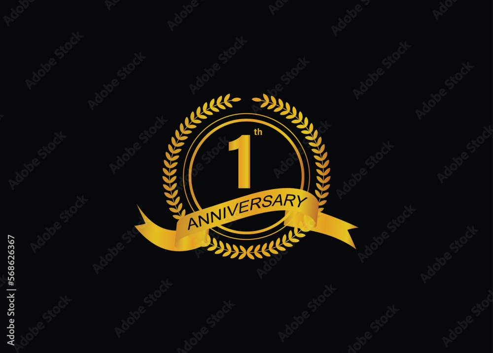Naklejka premium 1th golden anniversary logo with ring and ribbon, laurel wreath vector design isolated on black background.