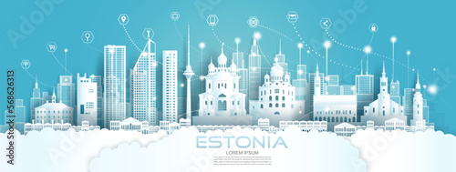 Technology wireless network communication smart city with icon in Estonia.