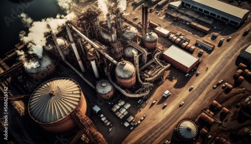 Aerial Panoramic View Of Industrial Sites And Factories : Stunning Drone Footage Showcasing Overhead Bird's Eye Perspective (Generative AI)
