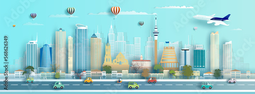 Illustration travel landmarks New Zealand architecture monument in wellington, cyril bassett.