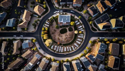 Aerial Panoramic View Of Suburban Neighborhoods And Housing Developments : Stunning Drone Footage Showcasing Overhead Bird's Eye Perspective (Generative AI)