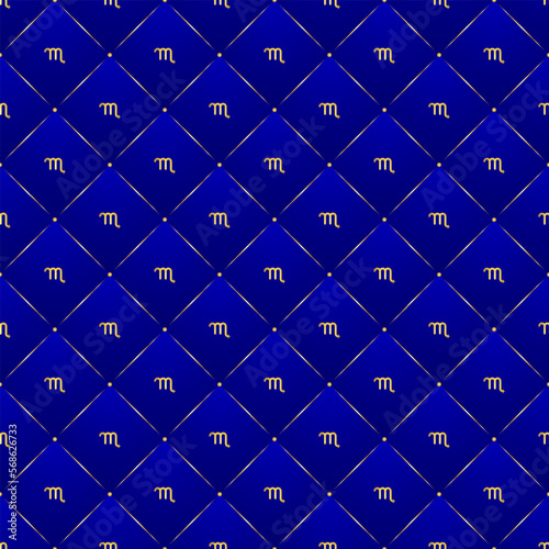 Scorpio Zodiac Symbol, Golden Luxury Seamless Velvet Lattice Pattern Geometric Backdrop Background, Air Element Fabric Textile Diamond Tile Texture.